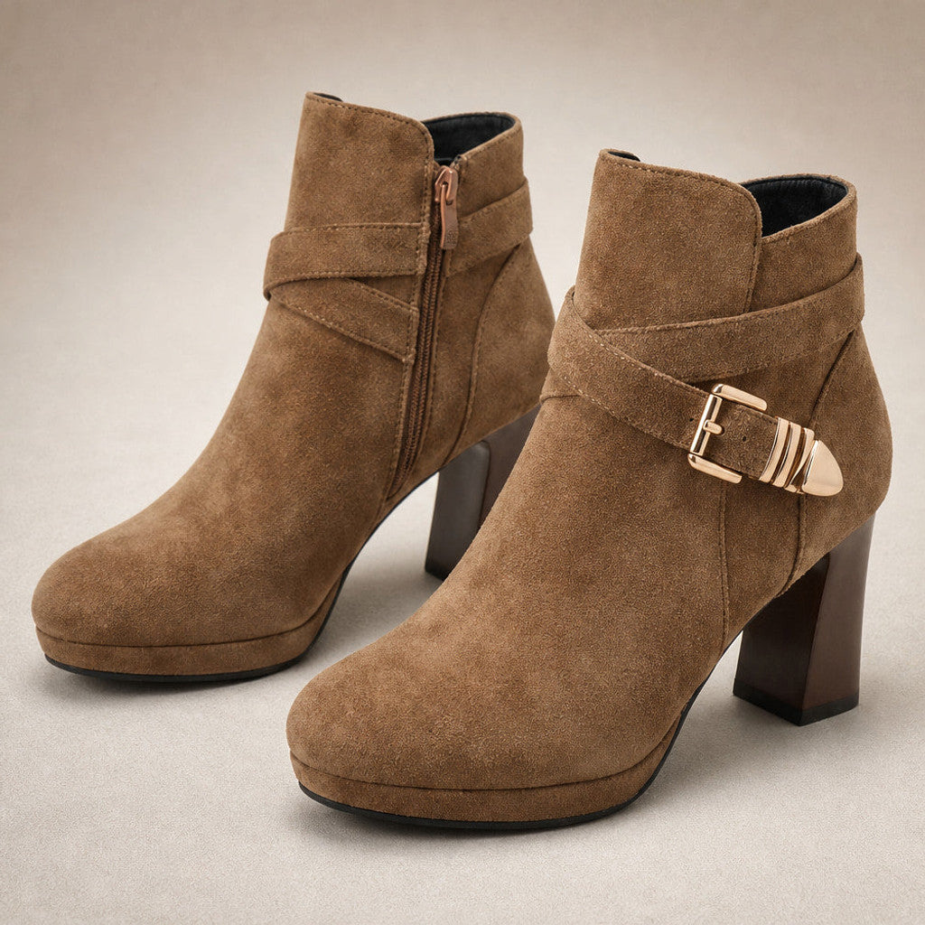 Euphrosyne | Buckle Strap Ankle Boots Block Heel Light Brown – Fabric and Detail Close-Up