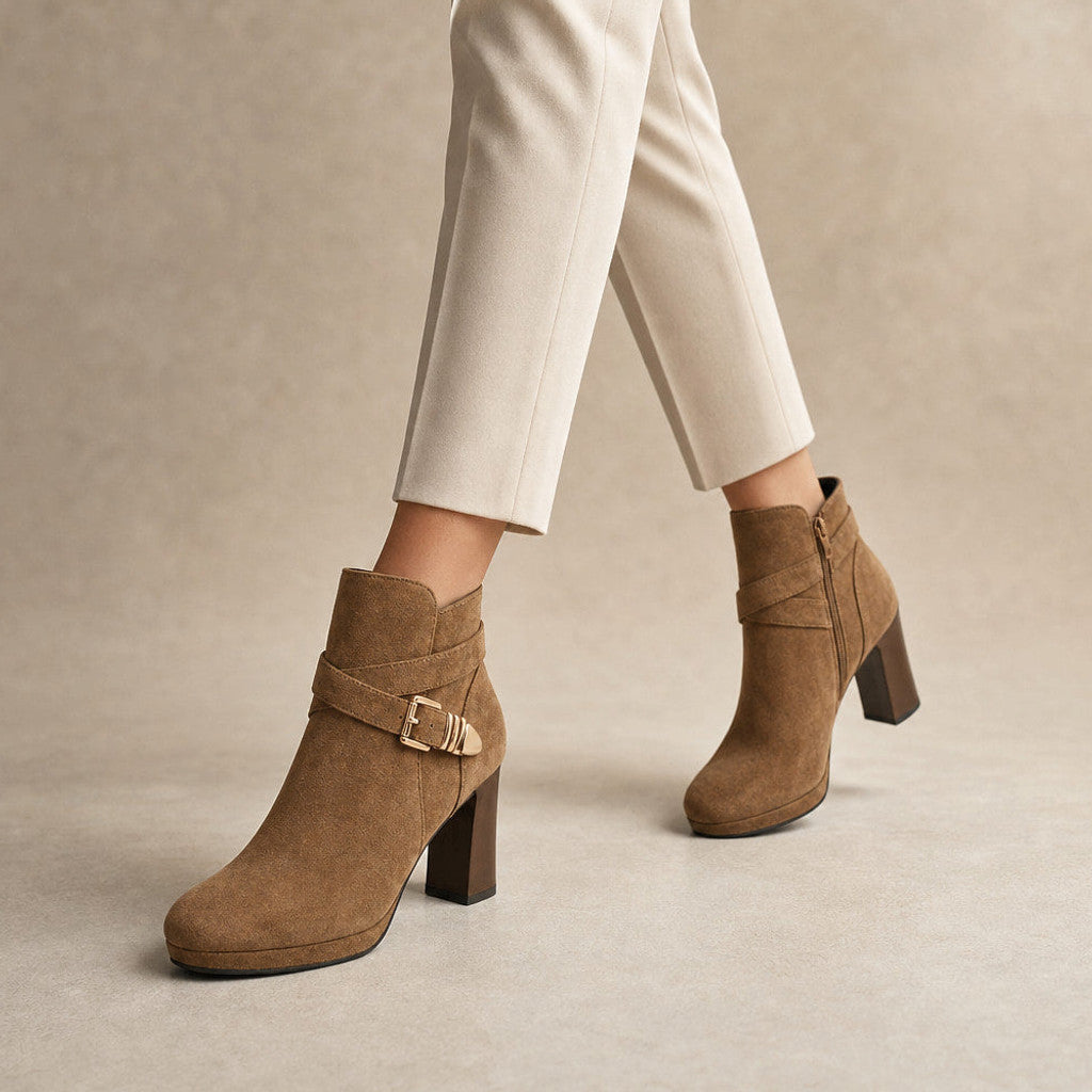 Euphrosyne | Buckle Strap Ankle Boots Block Heel Light Brown – Product Photo