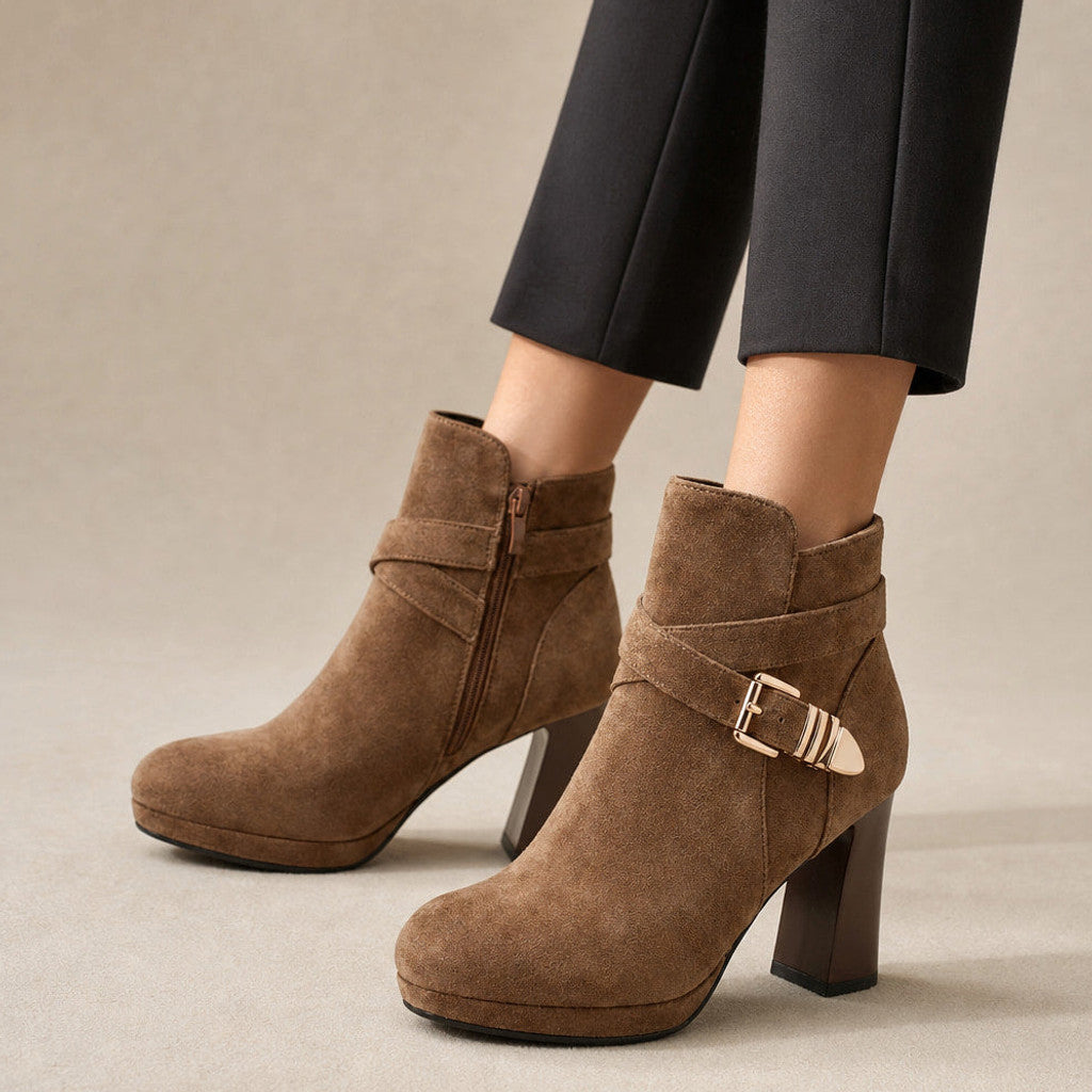 Euphrosyne | Buckle Strap Ankle Boots Block Heel in Light Brown – Premium Editorial