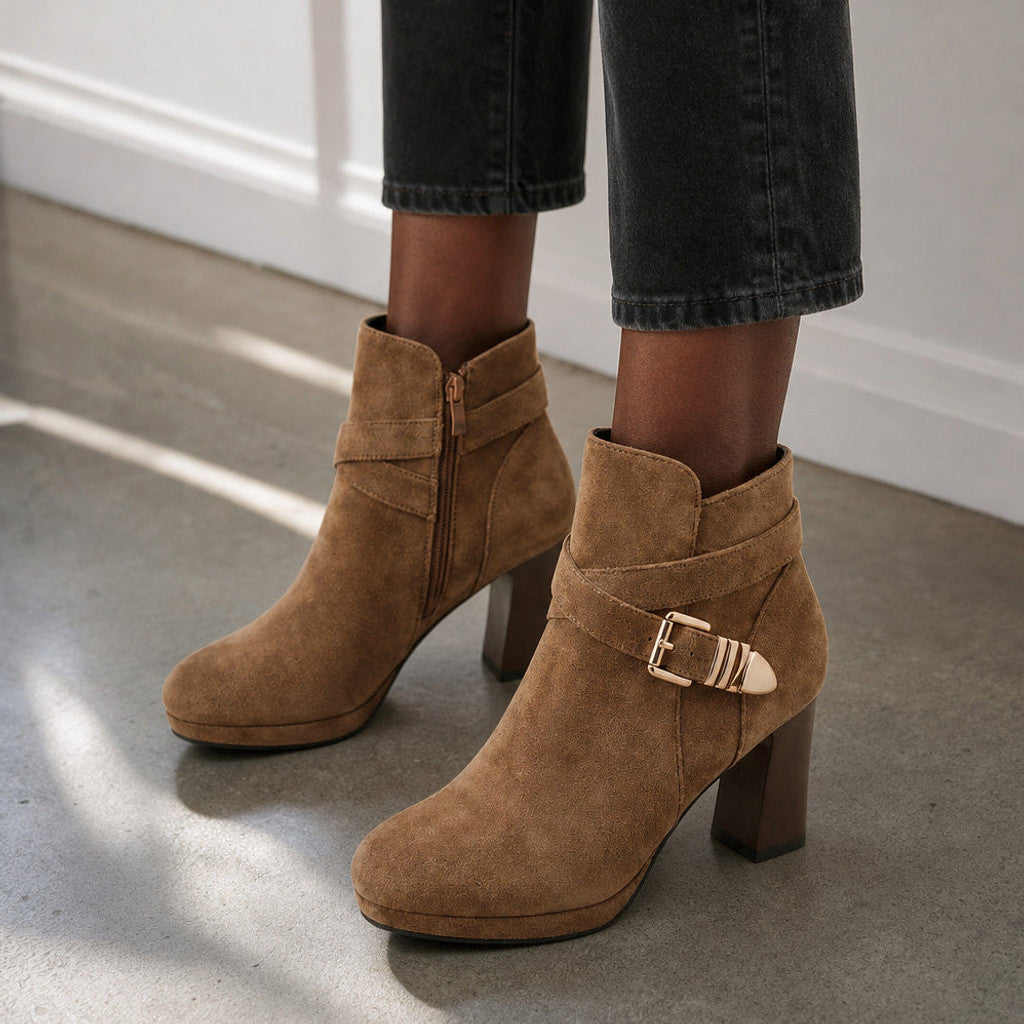 Euphrosyne | Buckle Strap Ankle Boots Block Heel – Styled Editorial Shot