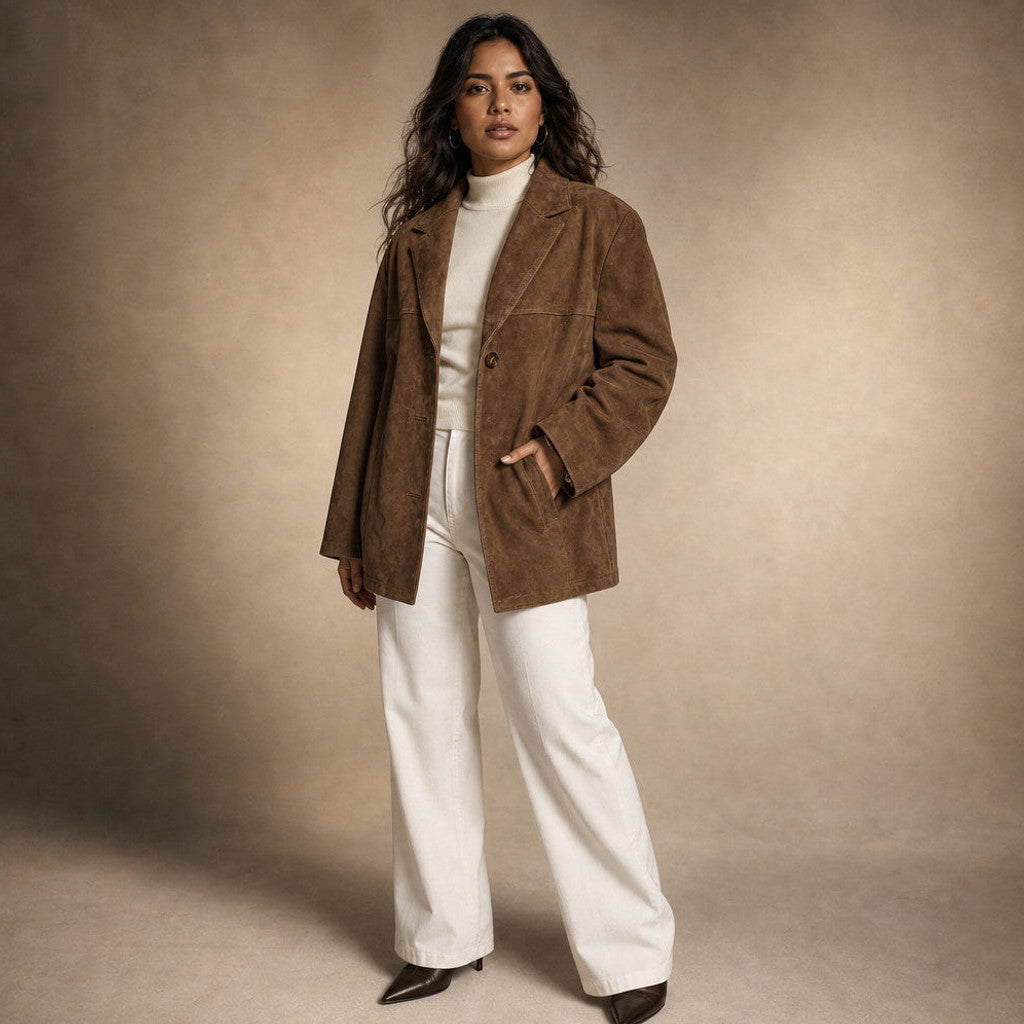 Eurydice | Suede Trench Coat Wide Lapel Brown Brown – Side Angle View