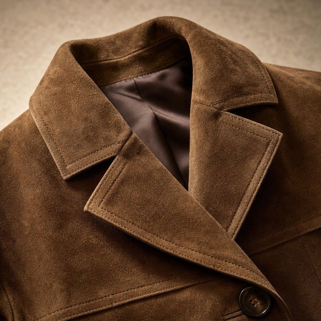 Eurydice | Suede Trench Coat Wide Lapel Brown Brown – Fabric and Detail Close-Up