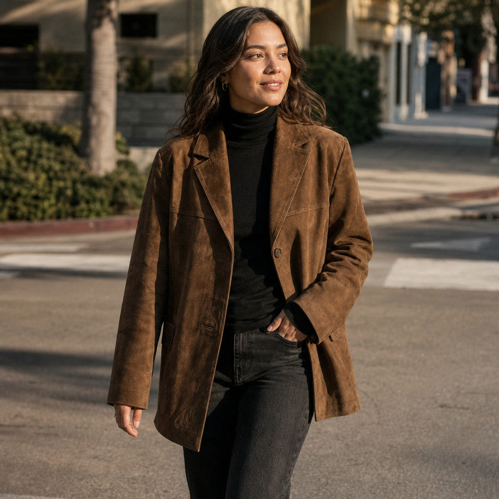 Eurydice | Suede Trench Coat Wide Lapel Brown Brown – Styled Editorial Shot
