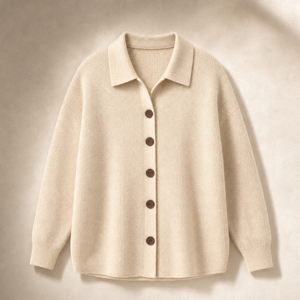 Eustachia | Button-Up Knit Cardigan Lapel Collar Beige – Product Photo