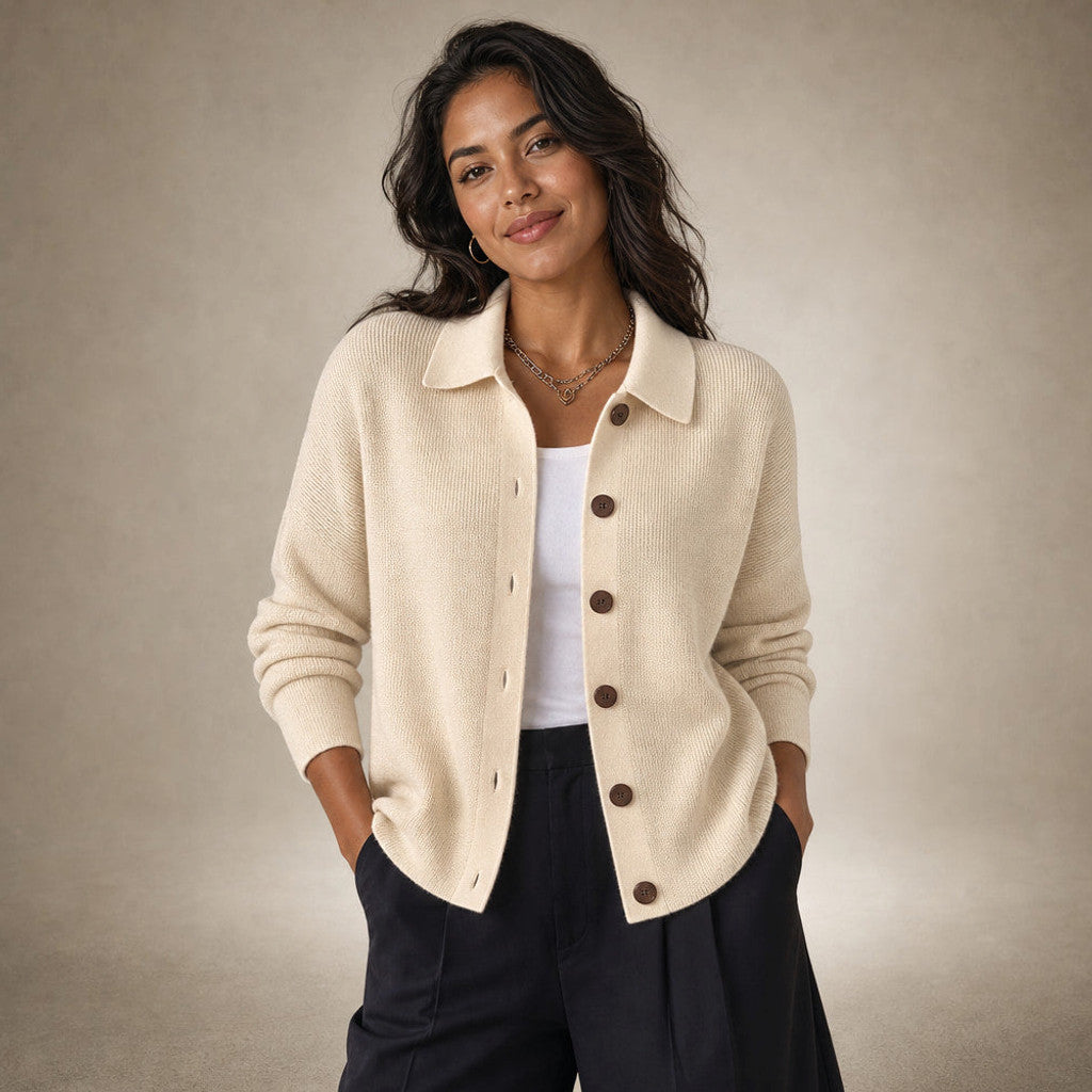 Eustachia | Button-Up Knit Cardigan Lapel Collar in Beige – Premium Editorial