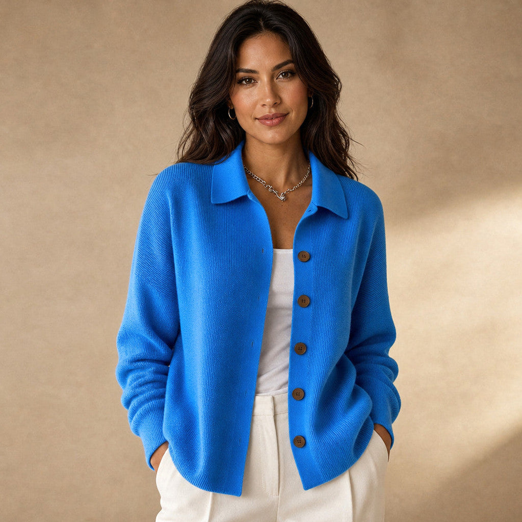 Eustachia | Button-Up Knit Cardigan Lapel Collar in Blue – Premium Editorial