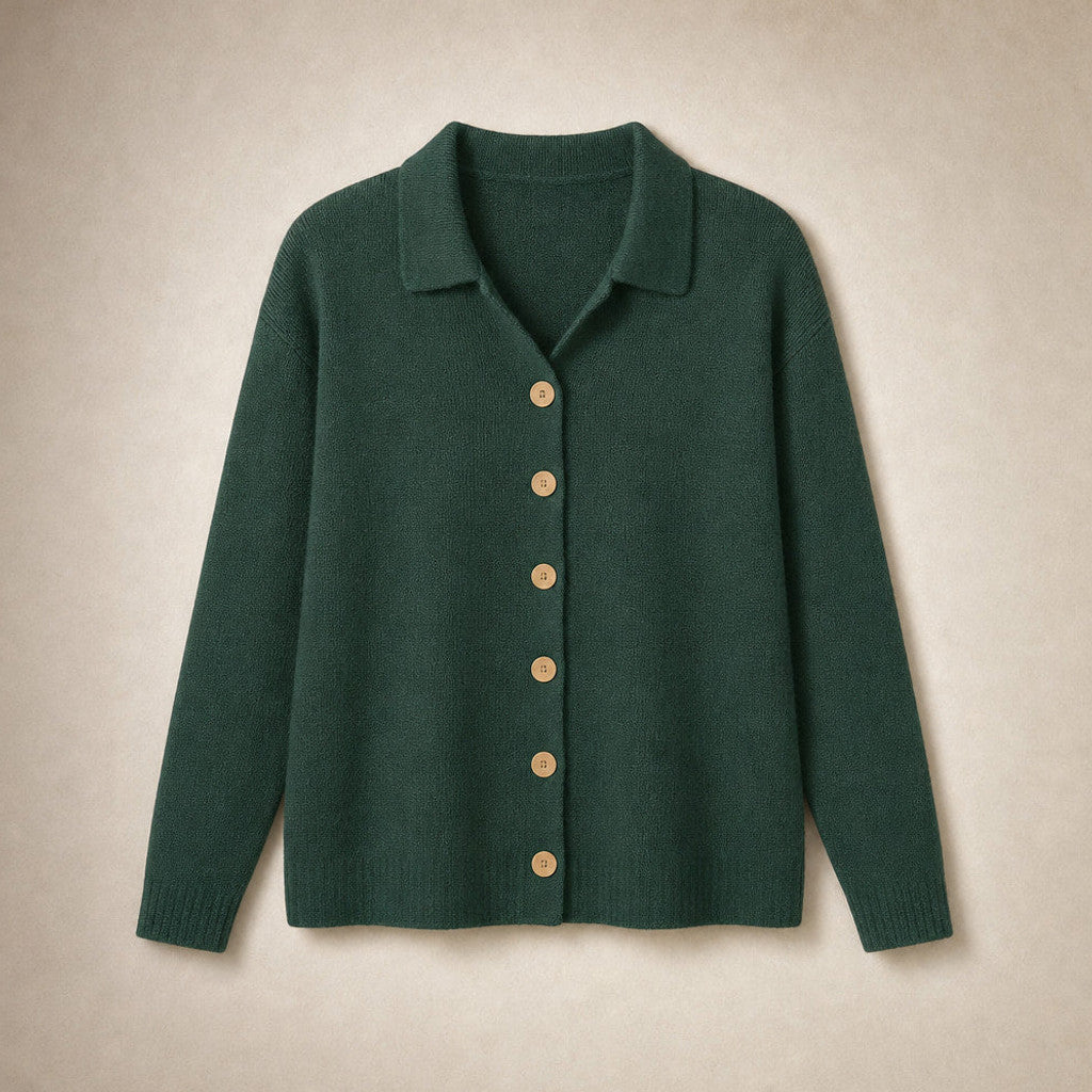 Eustachia | Button-Up Knit Cardigan Lapel Collar Dark Green – Product Photo
