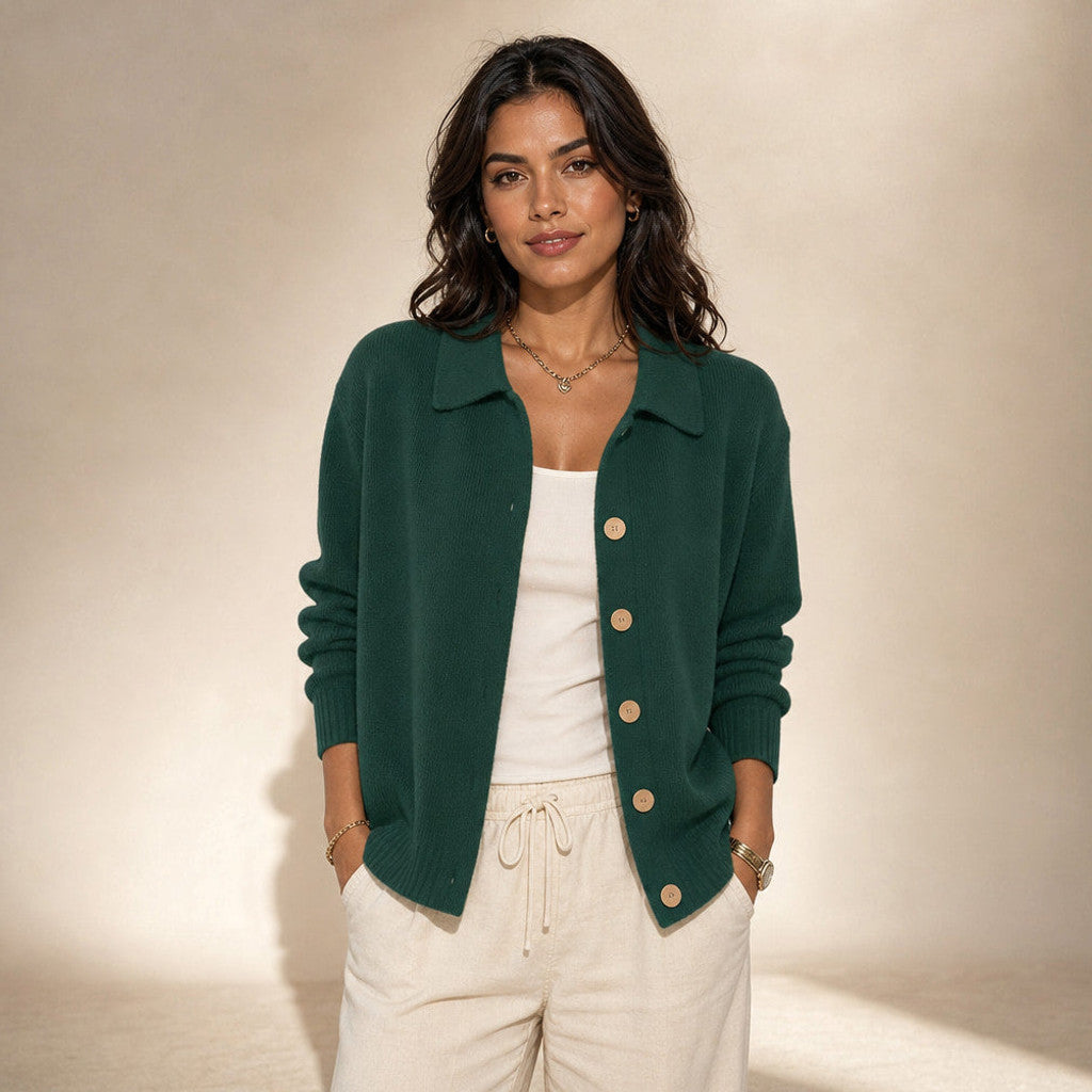 Eustachia | Button-Up Knit Cardigan Lapel Collar in Dark Green – Premium Editorial