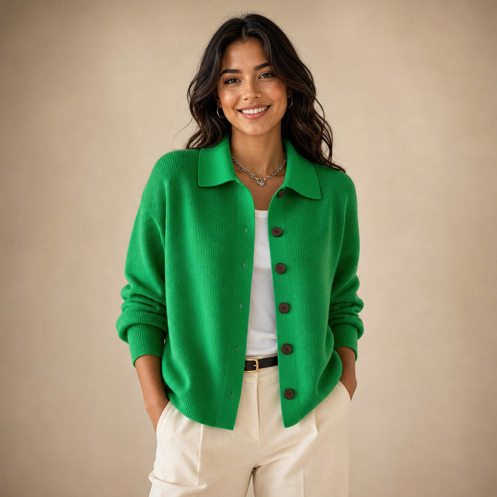 Eustachia | Button-Up Knit Cardigan Lapel Collar in Green – Premium Editorial