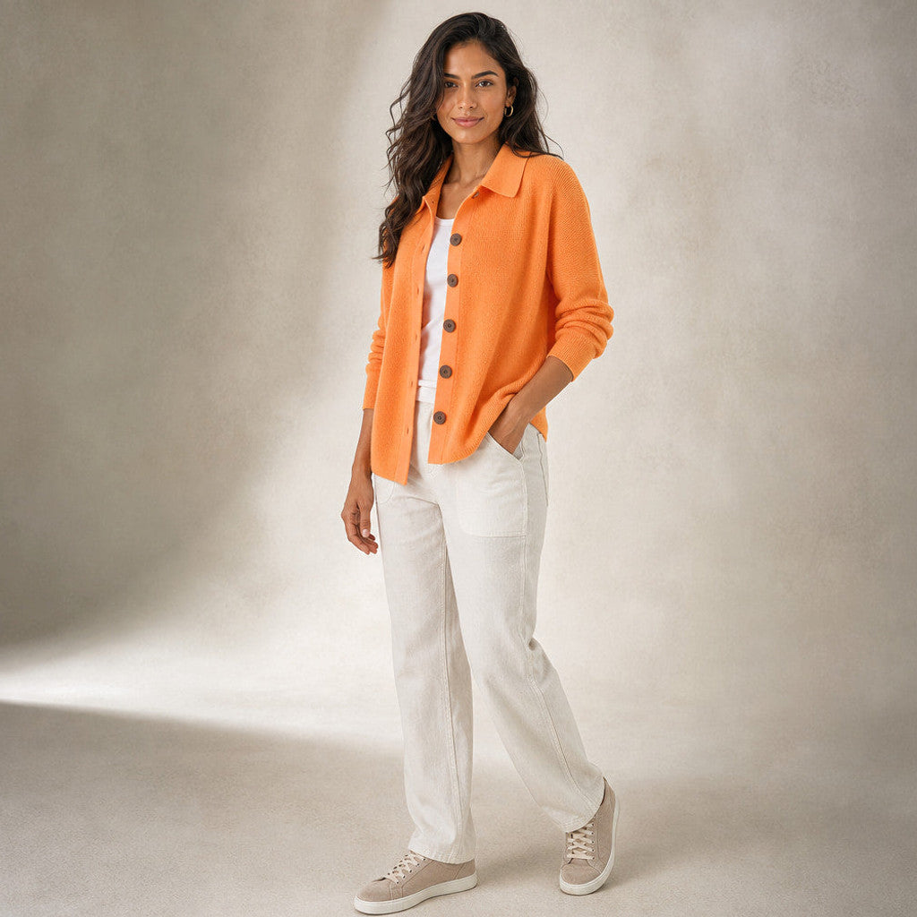 Eustachia | Button-Up Knit Cardigan Lapel Collar Orange – Side Angle View