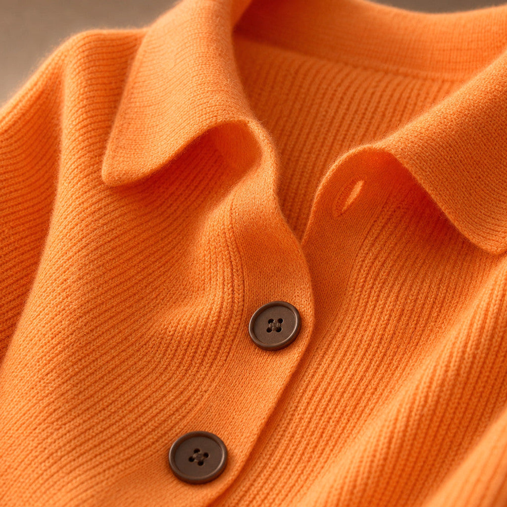 Eustachia | Button-Up Knit Cardigan Lapel Collar Orange – Fabric and Detail Close-Up