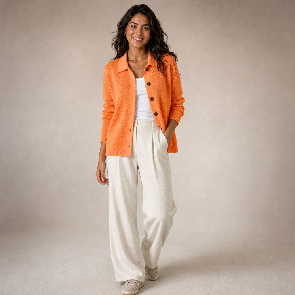 Eustachia | Button-Up Knit Cardigan Lapel Collar Orange – Full Look