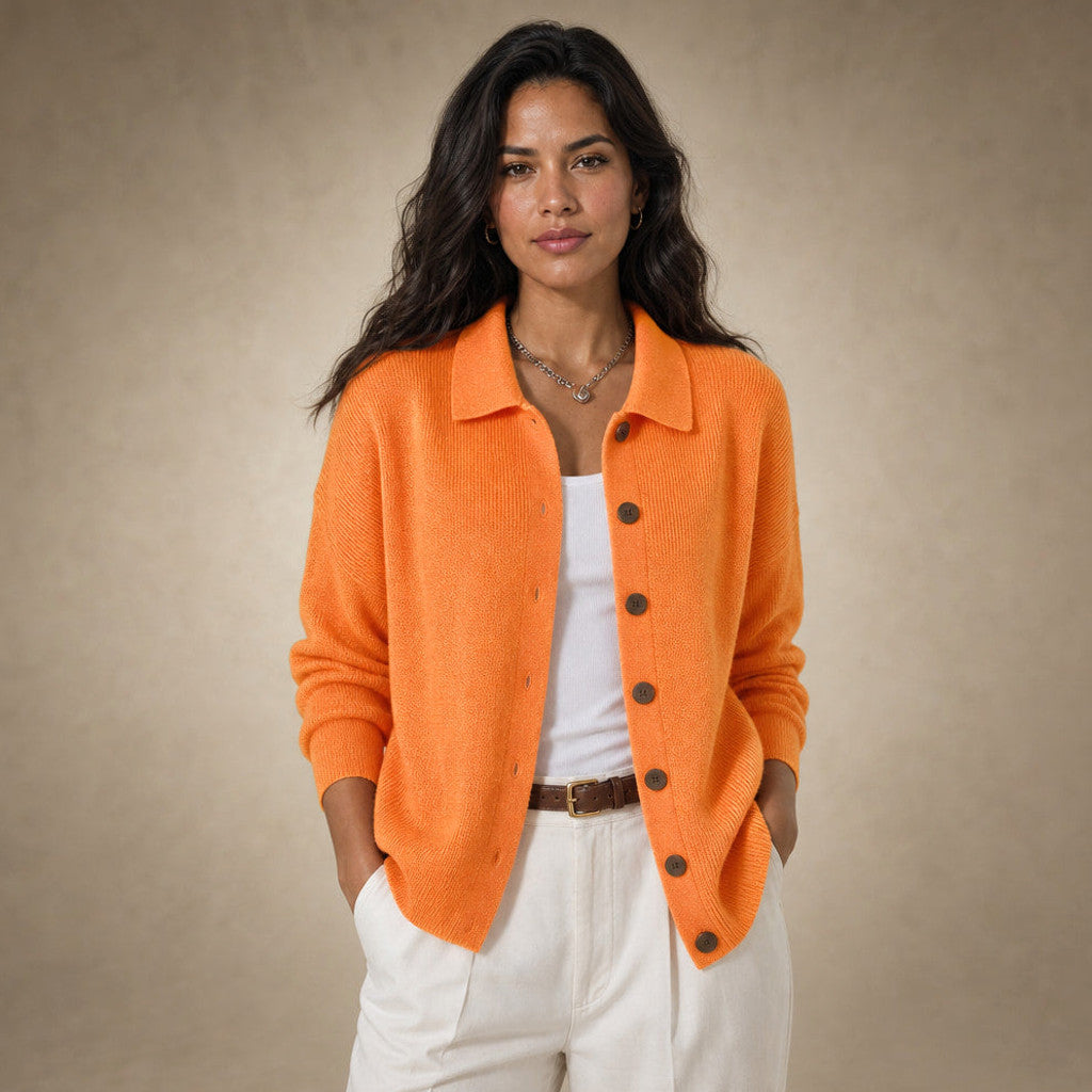 Eustachia | Button-Up Knit Cardigan Lapel Collar in Orange – Premium Editorial