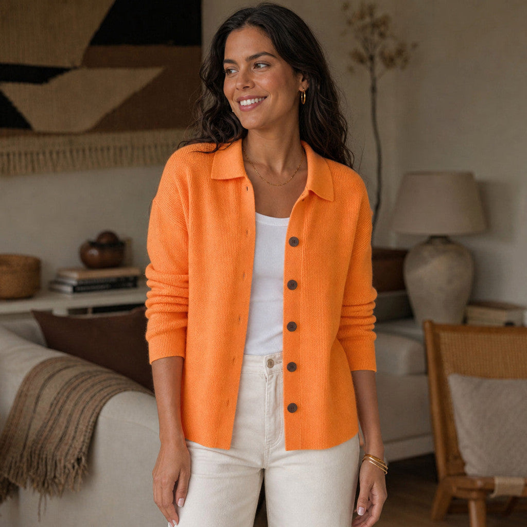 Eustachia | Button-Up Knit Cardigan Lapel Collar Orange – Styled Editorial Shot