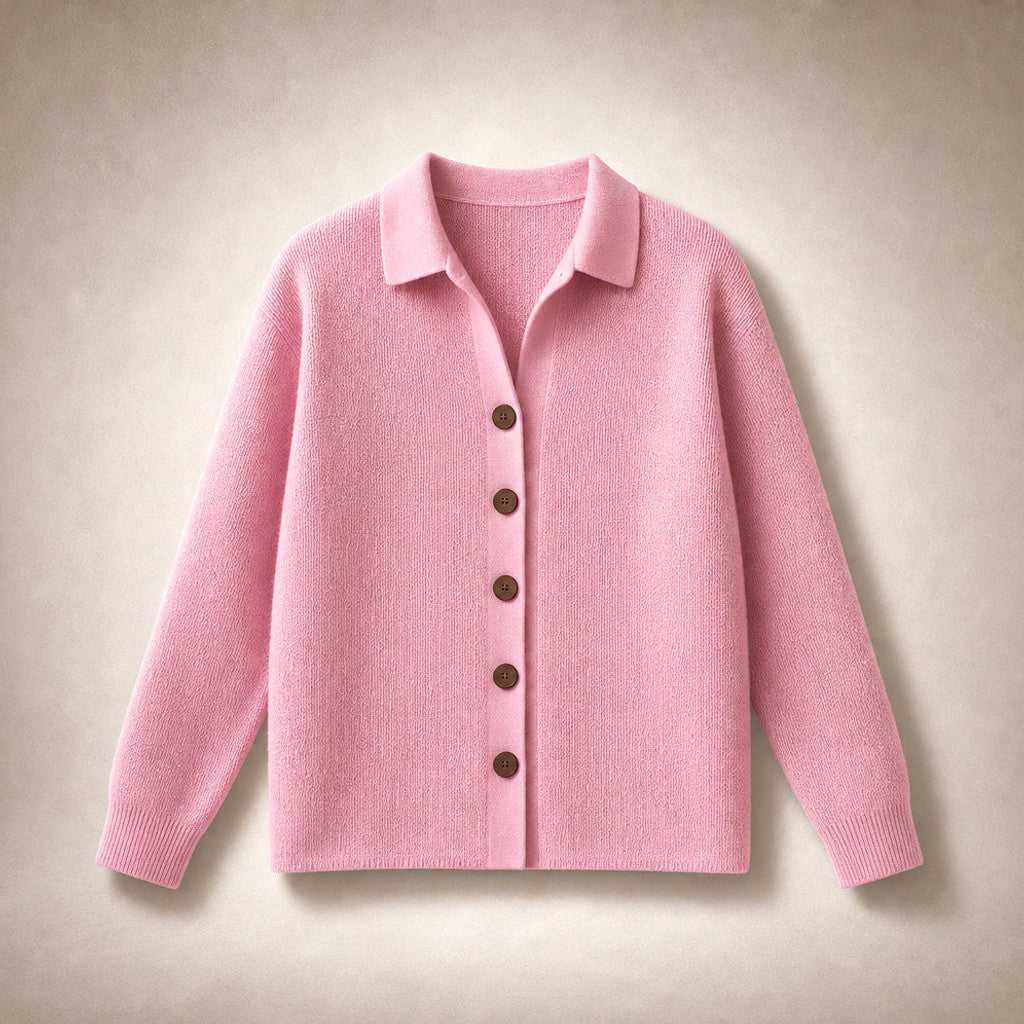 Eustachia | Button-Up Knit Cardigan Lapel Collar Pink – Product Photo