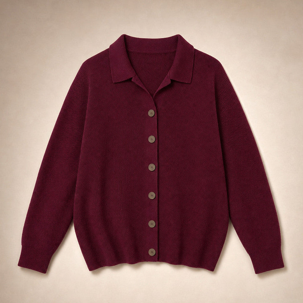 Eustachia | Button-Up Knit Cardigan Lapel Collar Wine Red – Product Photo