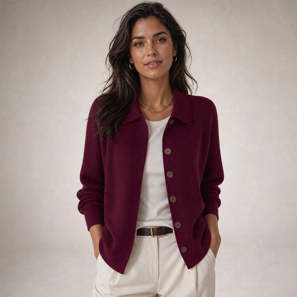 Eustachia | Button-Up Knit Cardigan Lapel Collar in Wine Red – Premium Editorial