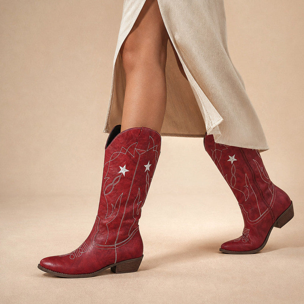 Florabel | Knee High Boots Wide-Calf Star Stitch Wine Red – Product Photo
