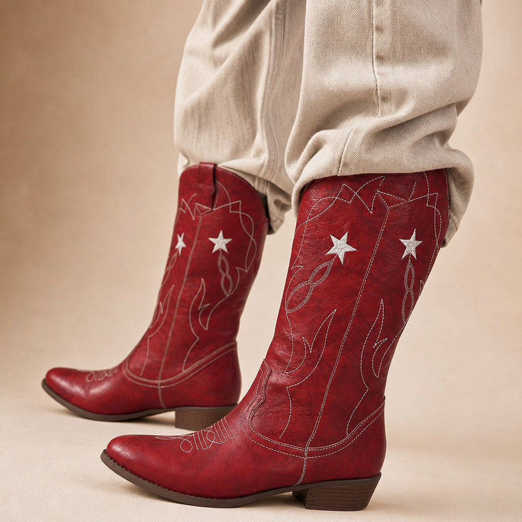 Florabel | Knee High Boots Wide-Calf Star Stitch Wine Red – Premium Editorial