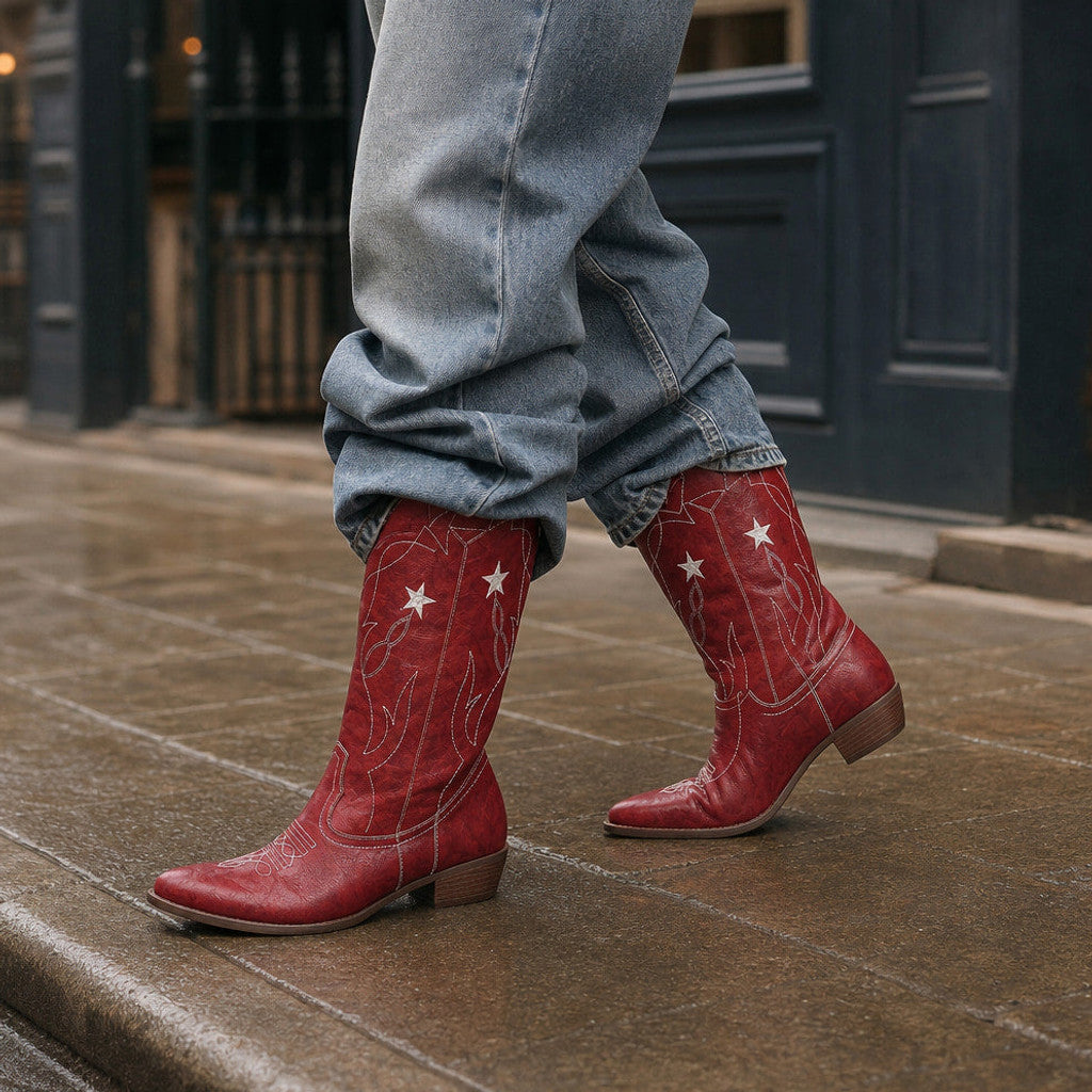 Florabel | Knee High Boots Wide-Calf Star Stitch Wine Red – Styled Editorial Shot