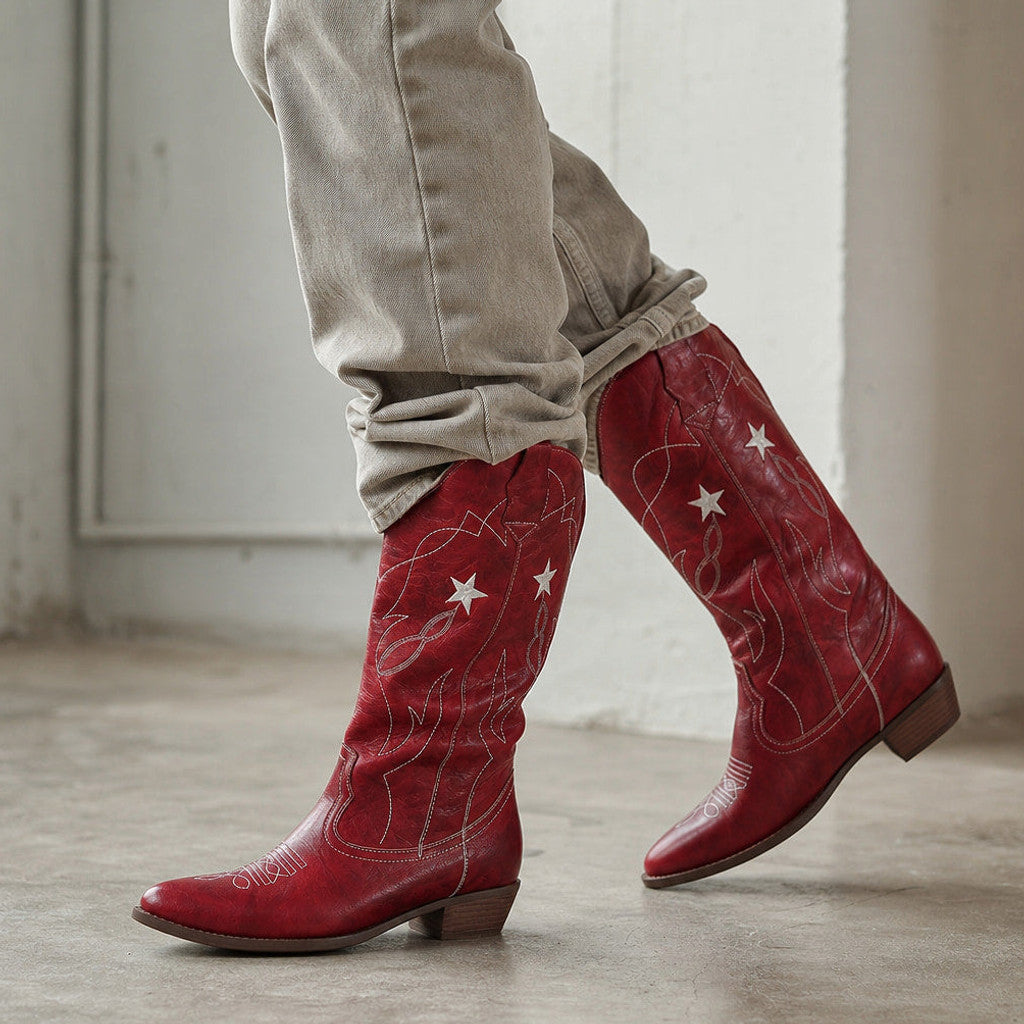 Florabel | Knee High Boots Wide-Calf Star Stitch Wine Red – Product Photo