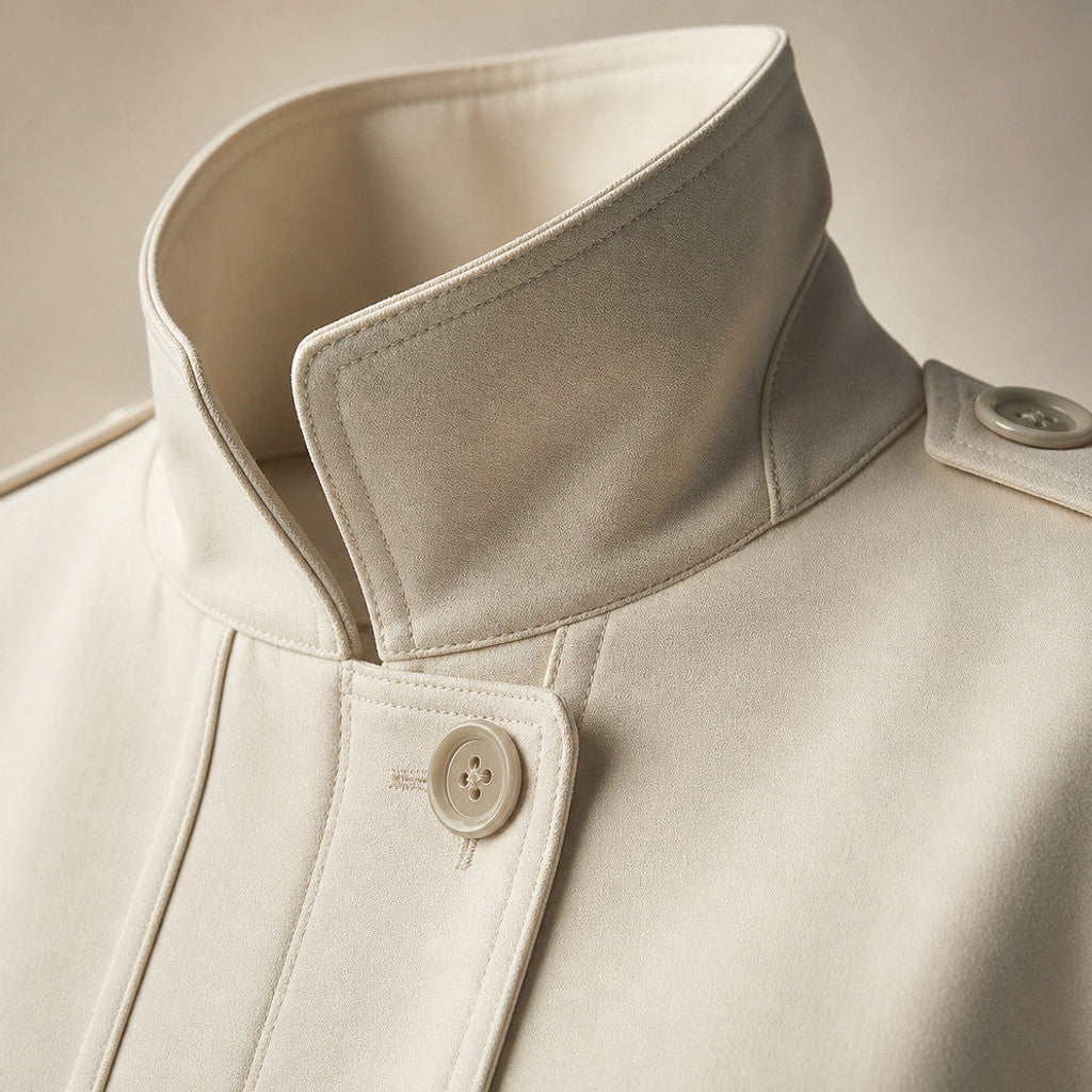 Florelia | Belted Trench Coat Double-Breasted White – Fabric and Detail Close-Up