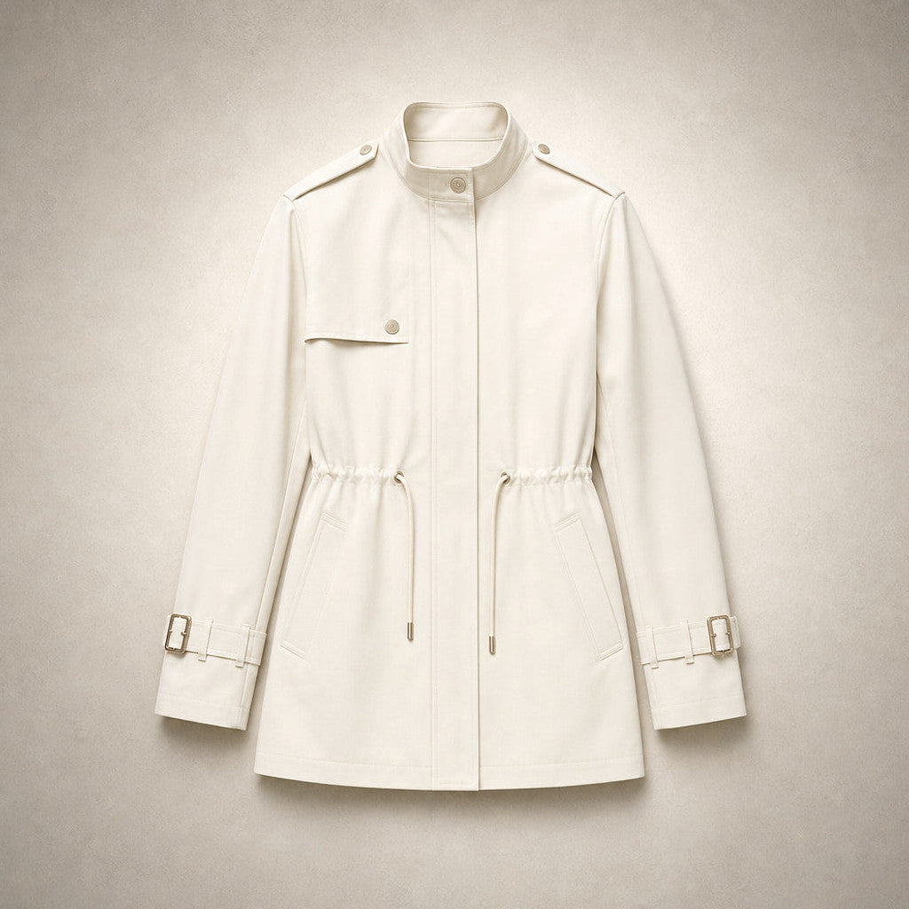 Florelia | Belted Trench Coat Double-Breasted White – Flat Lay Product Photo