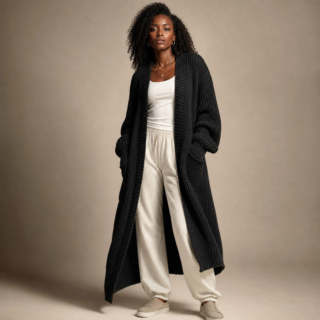 Frideswide | Longline Cardigan Open Front in Black – Premium Editorial