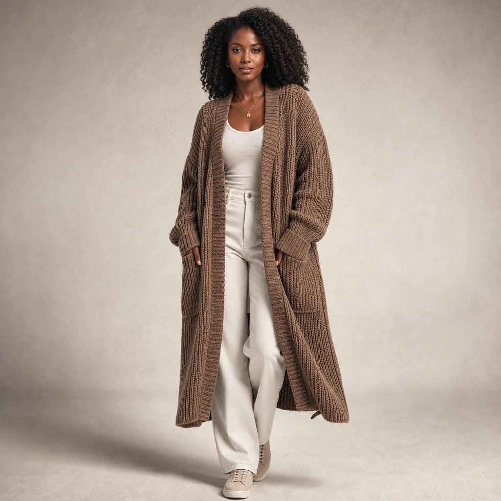 Frideswide | Longline Cardigan Open Front in Brown – Premium Editorial