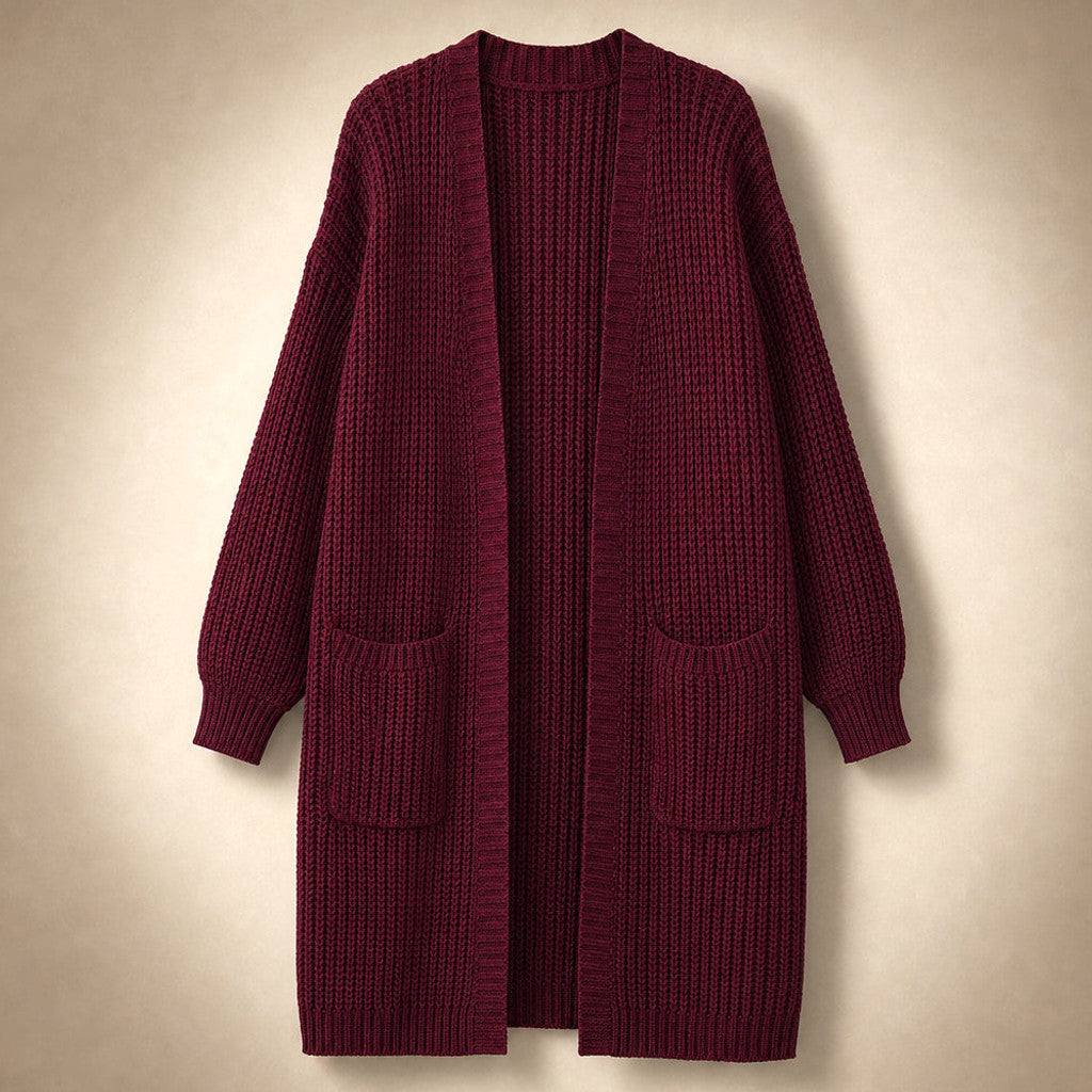 Frideswide | Longline Cardigan Open Front Crimson Red – Product Photo