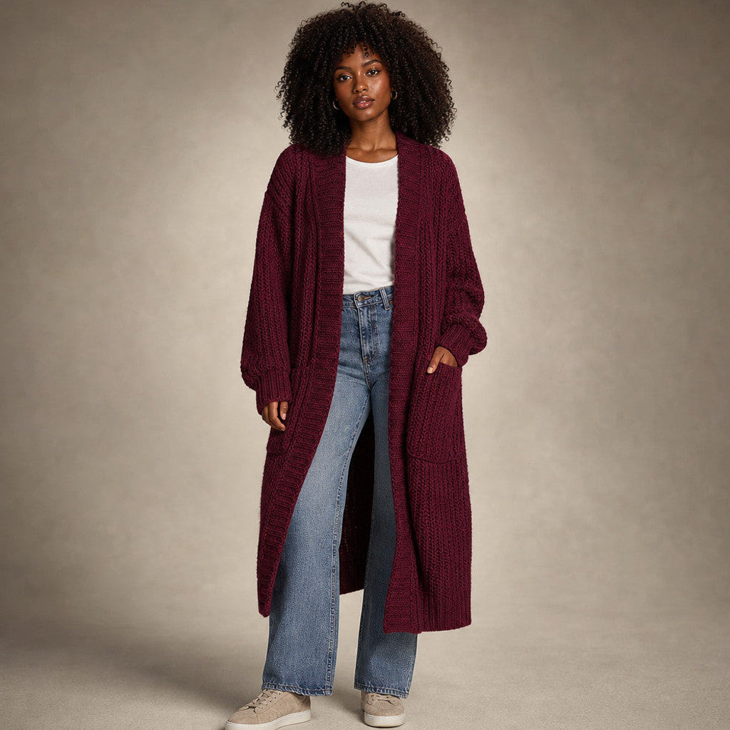 Frideswide | Longline Cardigan Open Front in Crimson Red – Premium Editorial