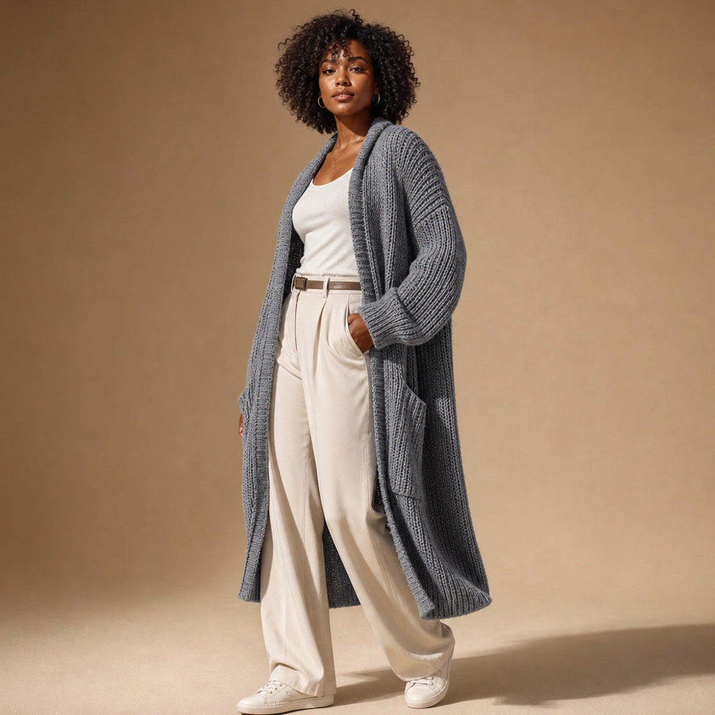 Frideswide | Longline Cardigan Open Front Grey – Side Angle View