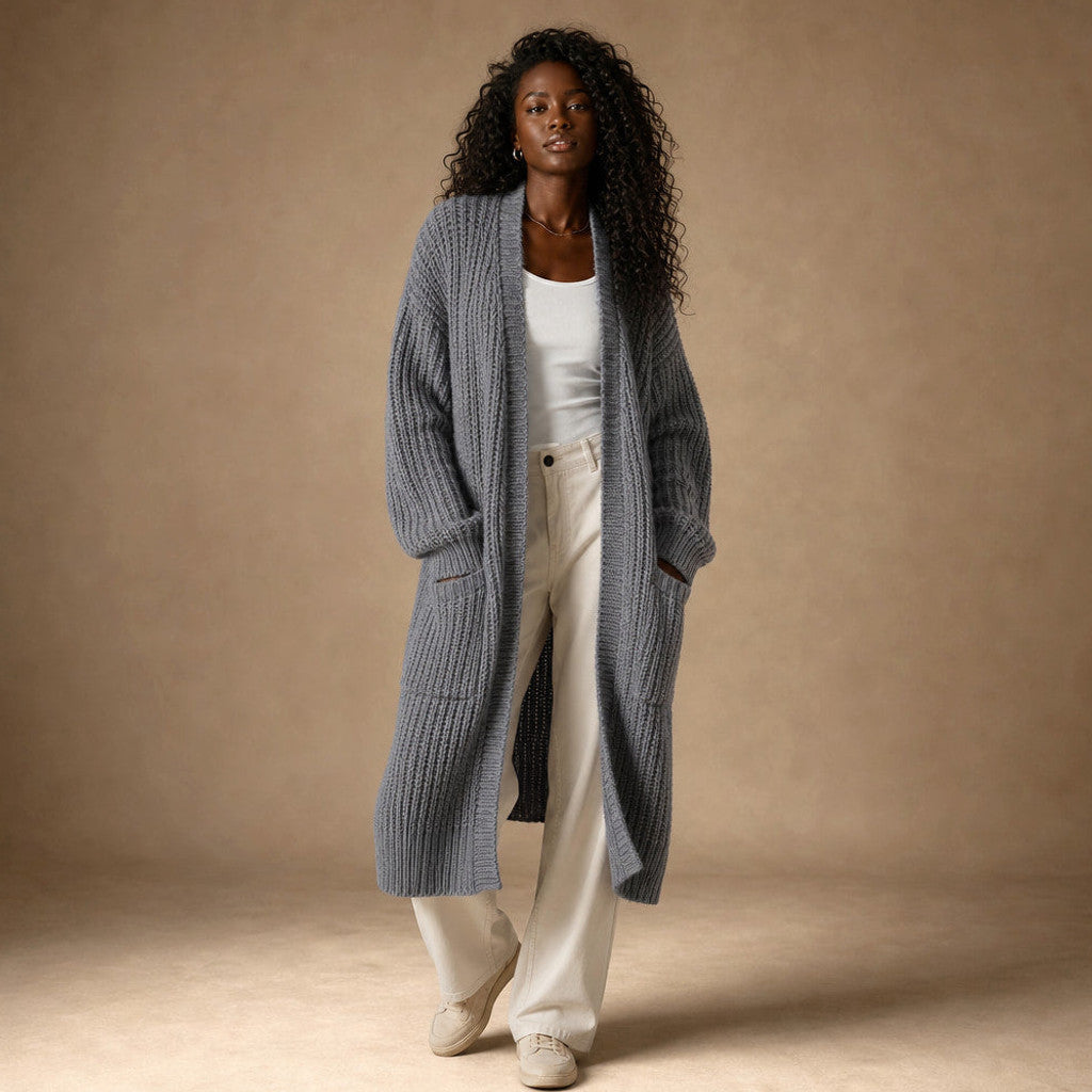 Frideswide | Longline Cardigan Open Front Grey – Full Look