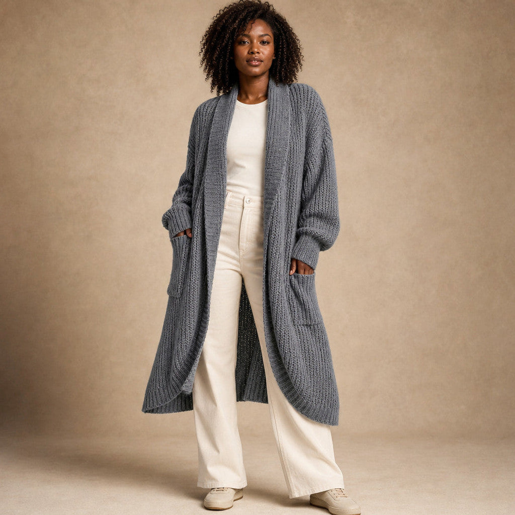 Frideswide | Longline Cardigan Open Front in Grey – Premium Editorial