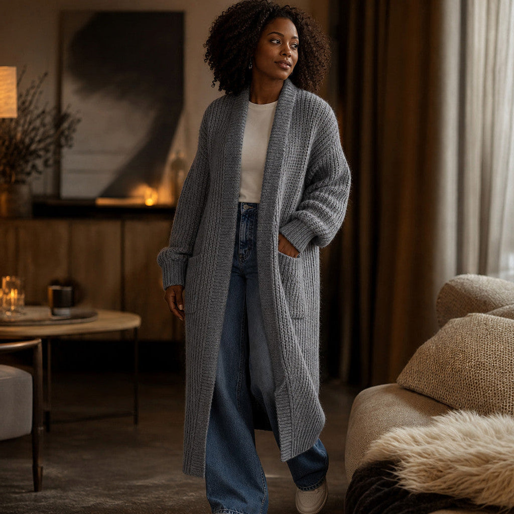 Frideswide | Longline Cardigan Open Front Grey – Styled Editorial Shot