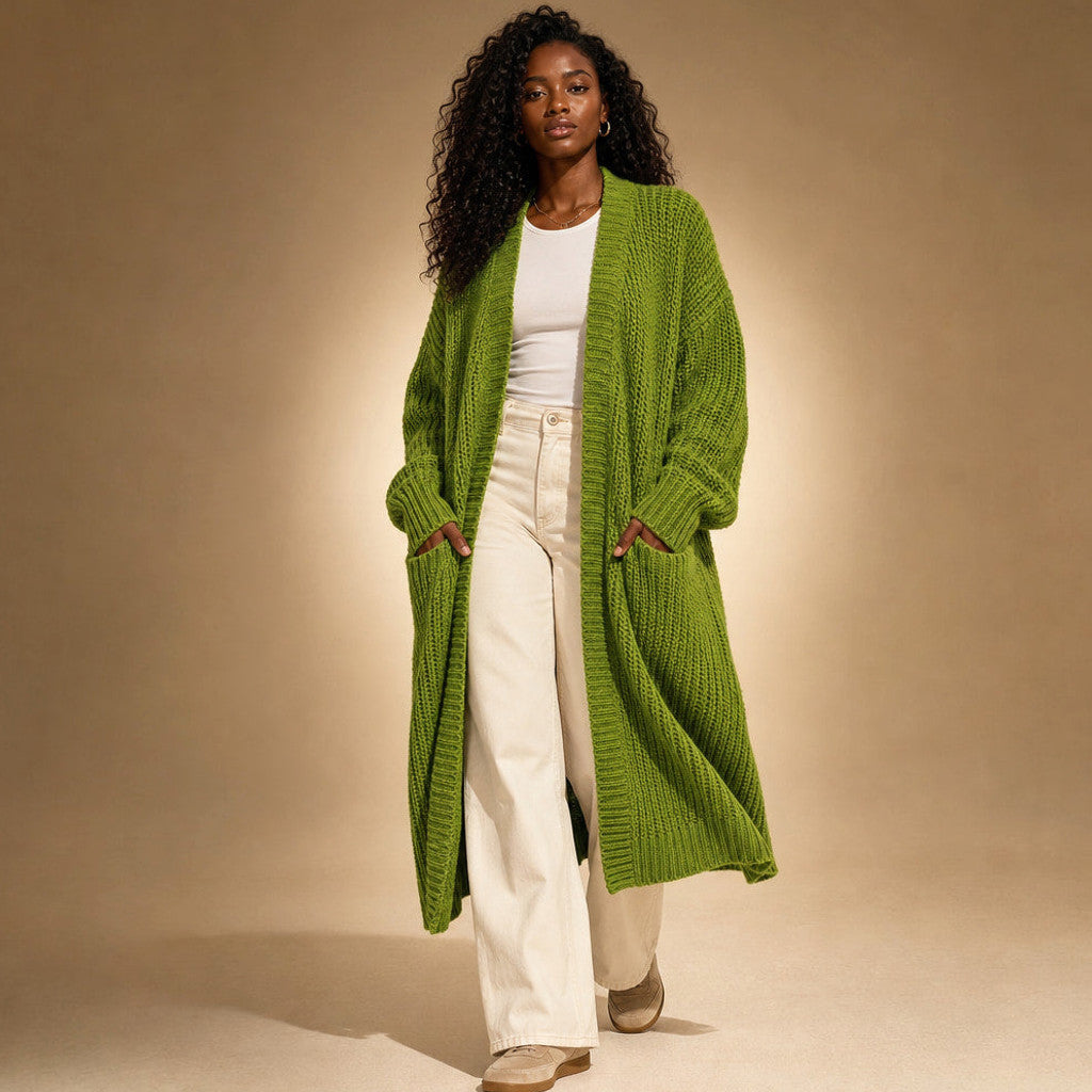 Frideswide | Longline Cardigan Open Front in Olive – Premium Editorial