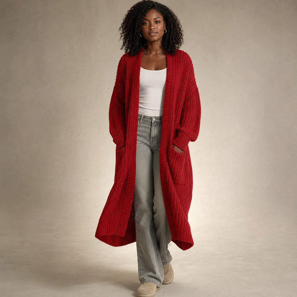 Frideswide | Longline Cardigan Open Front in Red – Premium Editorial