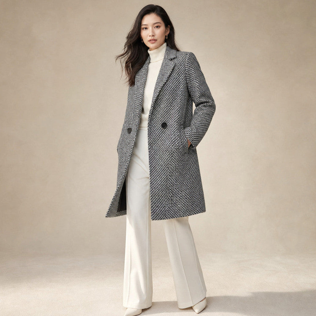 Gertrude | Houndstooth Wrap Coat Belted Grey Grey – Side Angle View