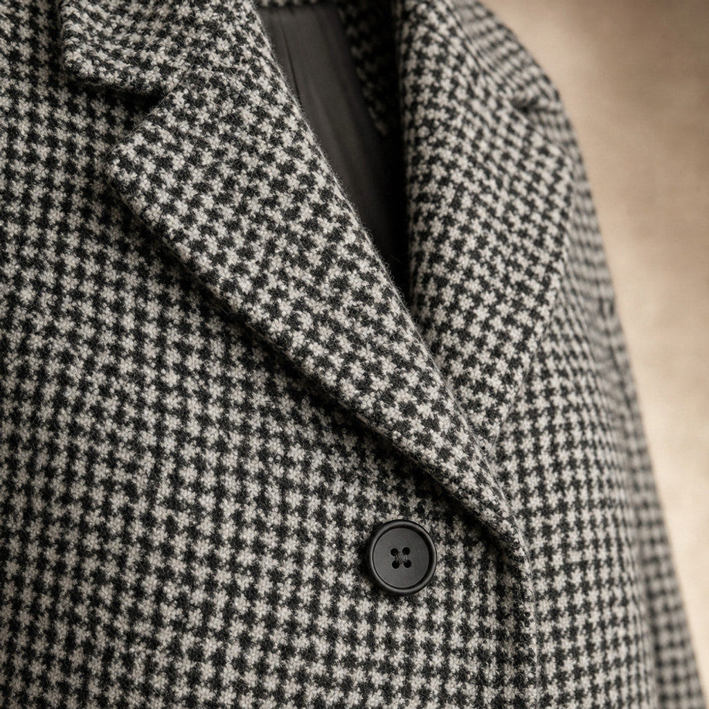Gertrude | Houndstooth Wrap Coat Belted Grey Grey – Fabric and Detail Close-Up