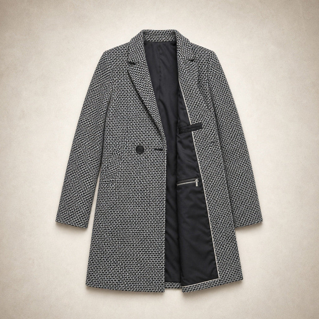Gertrude | Houndstooth Wrap Coat Belted Grey Grey – Flat Lay Product Photo