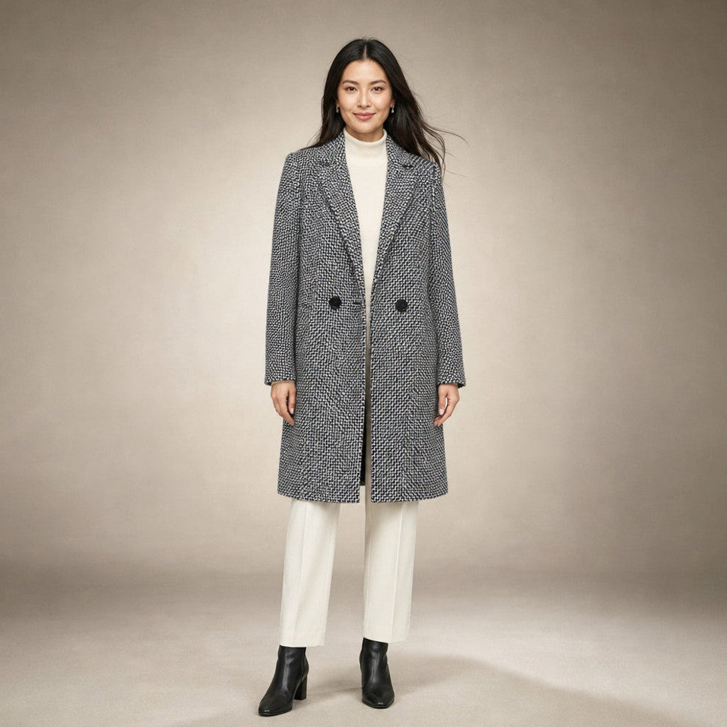 Gertrude | Houndstooth Wrap Coat Belted Grey in Grey – Premium Editorial