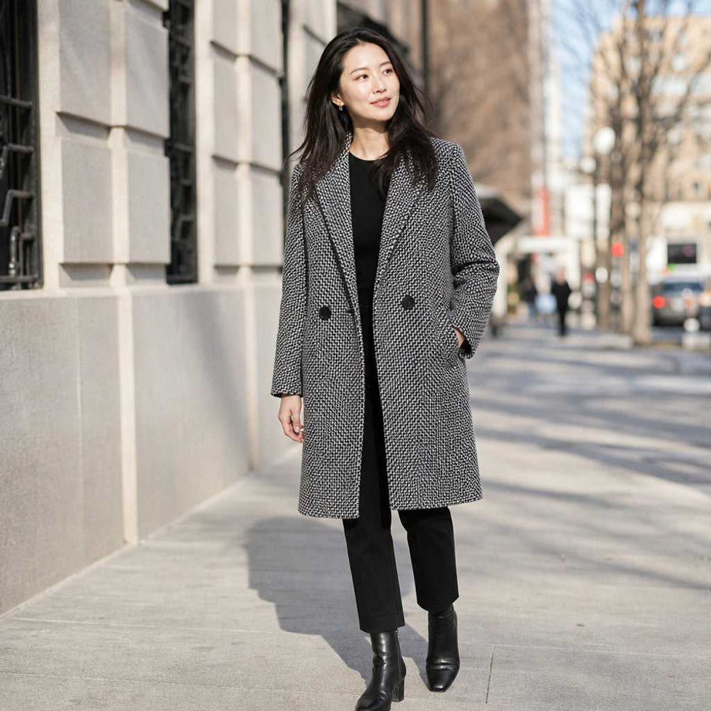 Gertrude | Houndstooth Wrap Coat Belted Grey Grey – Styled Editorial Shot