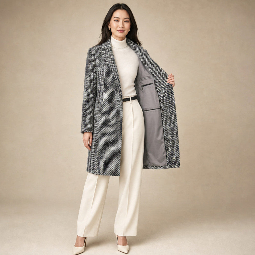 Gertrude | Houndstooth Wrap Coat Belted Grey Grey – Interior Lining Detail