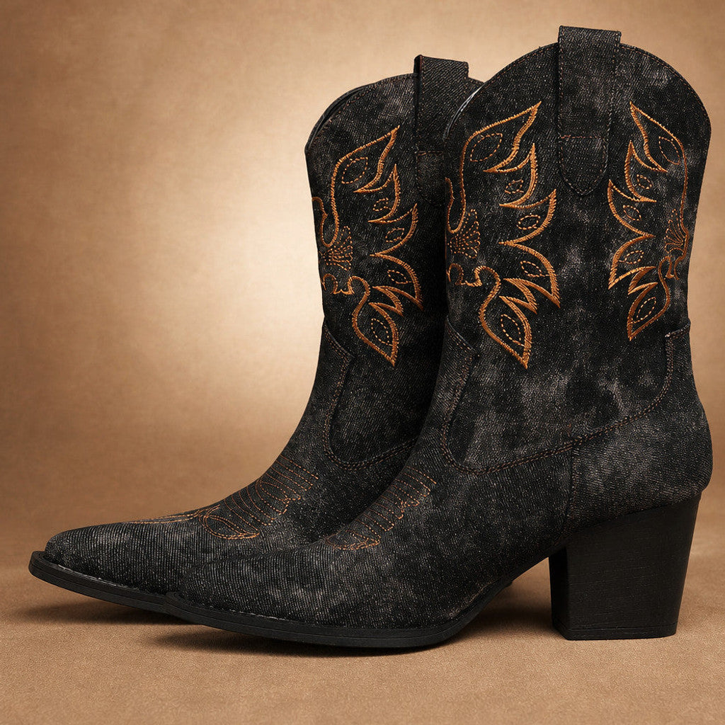 Gilberta | Floral Embroidered Knee High Boots Wide Calf Black – Fabric and Detail Close-Up