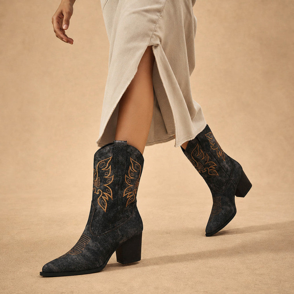 Gilberta | Floral Embroidered Knee High Boots Wide Calf Black – Product Photo