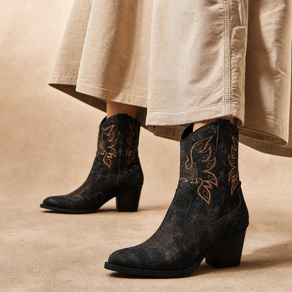 Gilberta | Floral Embroidered Knee High Boots Wide Calf in Black – Premium Editorial