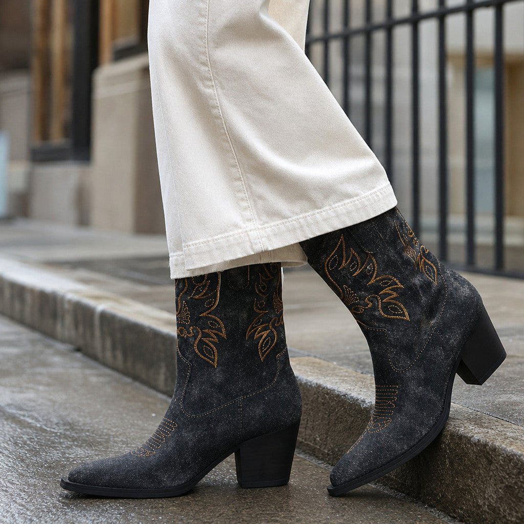 Gilberta | Floral Embroidered Knee High Boots Wide Calf Black – Styled Editorial Shot