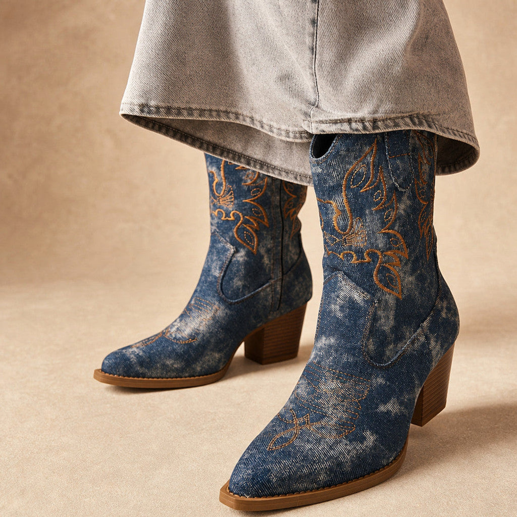 Gilberta | Floral Embroidered Knee High Boots Wide Calf Blue – Product Photo