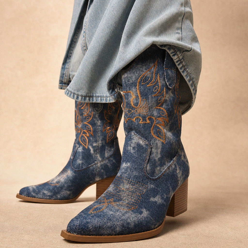 Gilberta | Floral Embroidered Knee High Boots Wide Calf in Blue – Premium Editorial