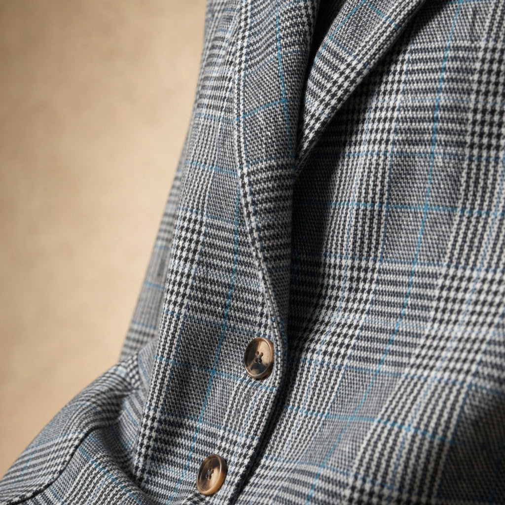Gweneira | Cropped Plaid Blazer Button-Front Blue – Fabric and Detail Close-Up